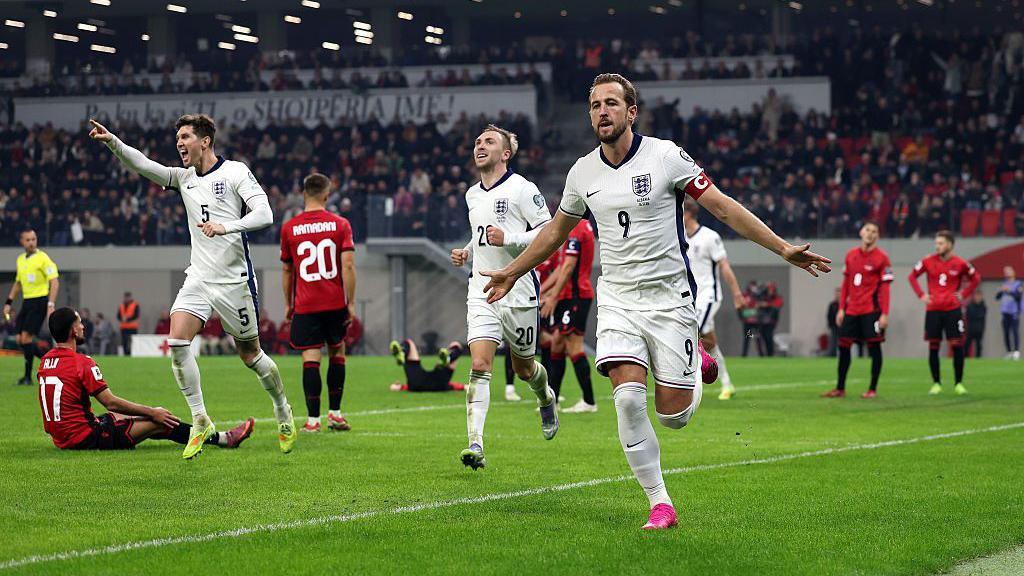 Harry Kane celebrates his goal in the match against Albania
