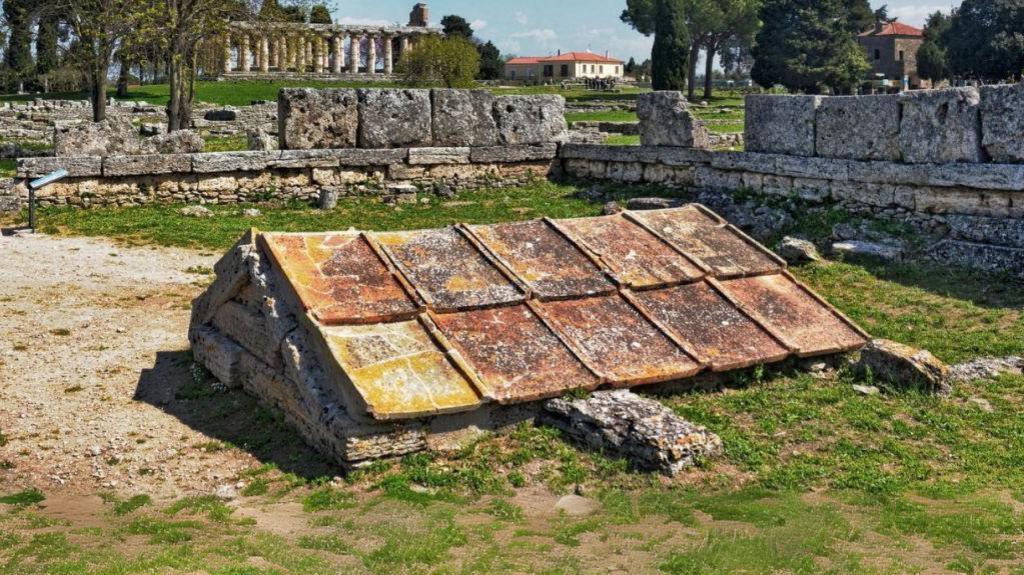 A picture of the shrine. It has large brown tiles on the roof and looks like a short shed. It is surrounded by grass and a grey concrete wall which is slowly falling away. In the distance there is a concrete pillar structure and a white farmhouse with a red roof and trees.