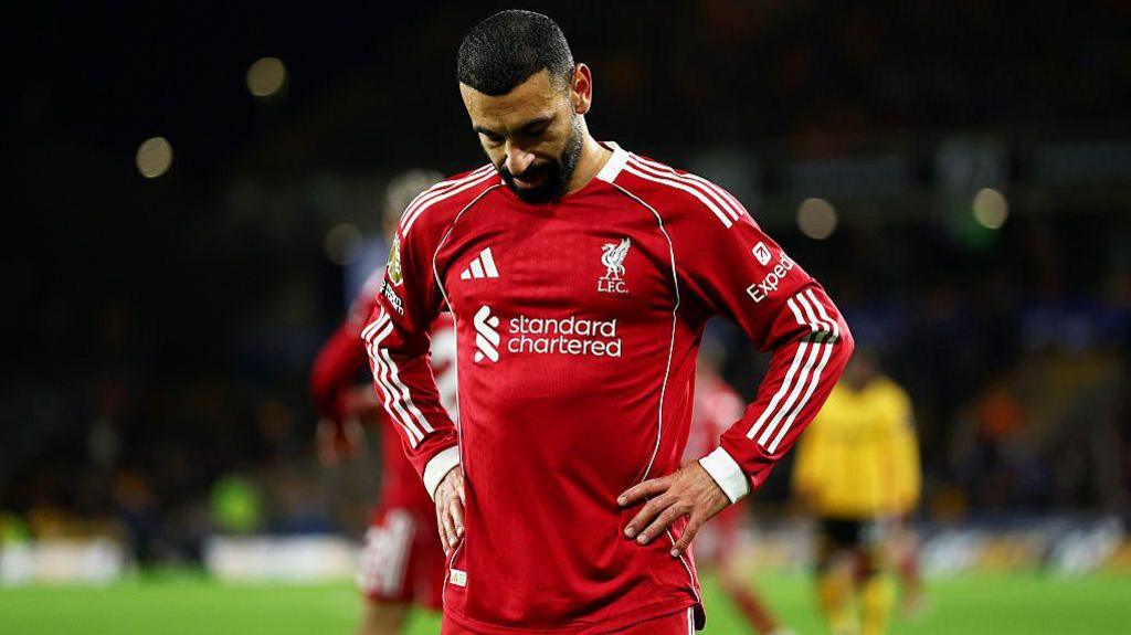 Mohamed Salah of Liverpool looks dejected following the Premier League match between Wolverhampton Wanderers and Liverpool at Molineux