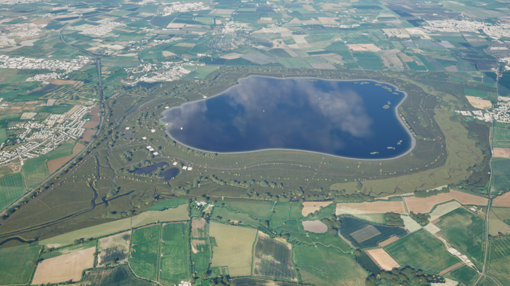 Computer generated image of proposed Abingdon Reservoir from the North of Oxfordshire from a bird's eye view