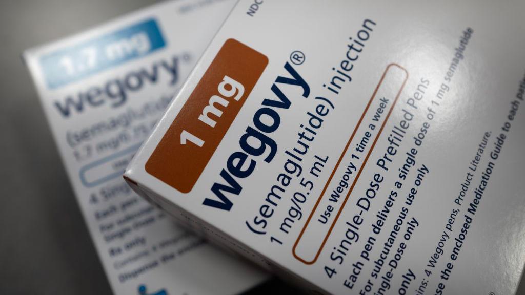 A close up of the packaging for Wegovy, a weight loss injection. It's a white box with the medication name and dosage written on it.