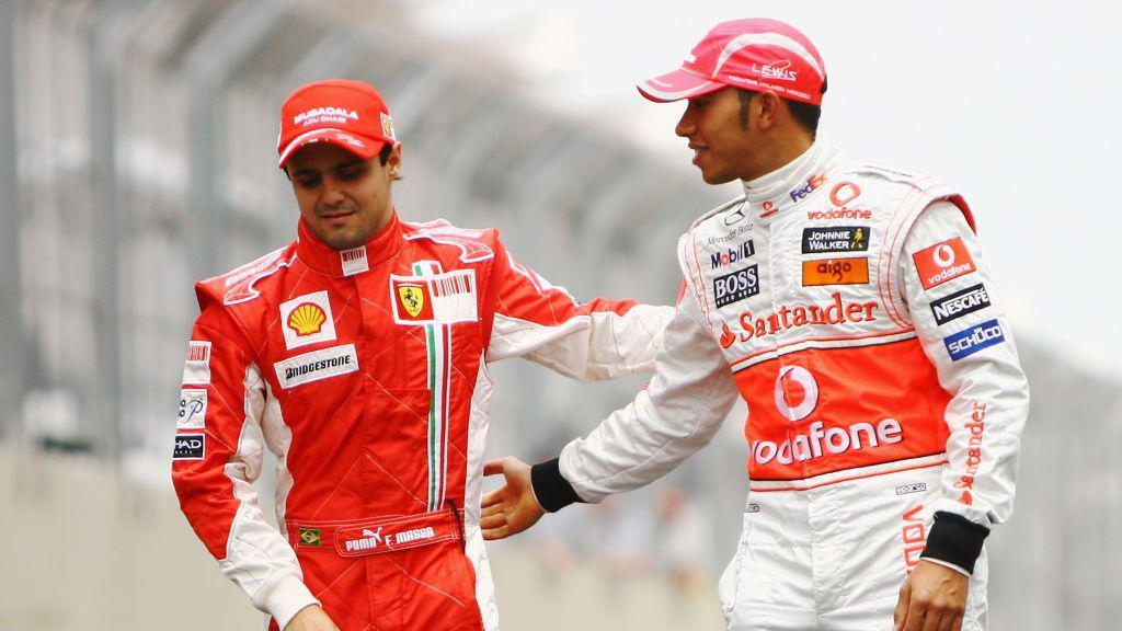 Ferrari's Felipe Massa and McLaren's Lewis Hamilton at the 2008 Brazilian Grand Prix