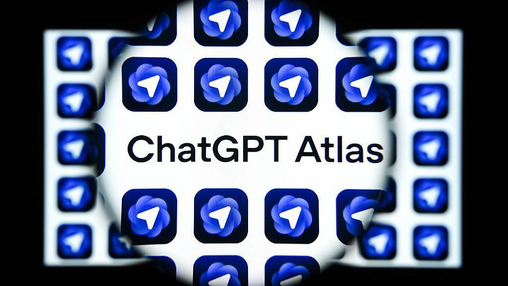 A graphic of a magnifying glass over a screen, highlighting the words "ChatGPT Atlas". The logo, a white arrow in a blue circle, surrounds the text.