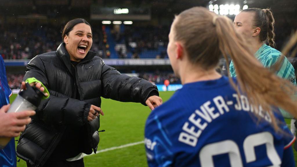 Sam Kerr at Stamford Bridge with Chelsea team mates