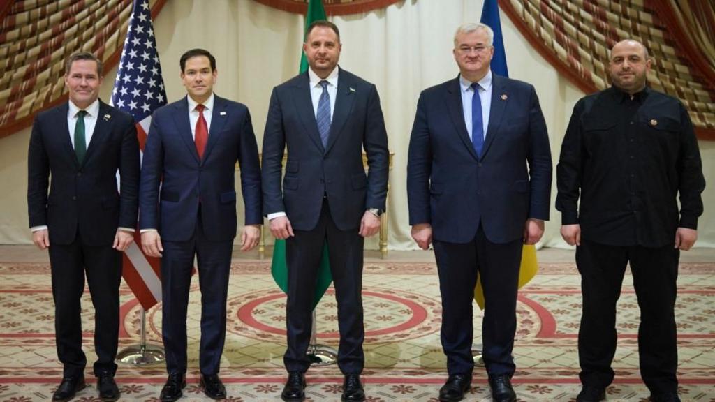 US National Security Advisor Mike Waltz, US Secretary of State Marco Rubio, the Head of the Presidential Office of Ukraine Andriy Yermak, Ukrainian Foreign Minister Andrii Sybiha, and Minister of Defense of Ukraine Rustem Umerov posing for a photograph.