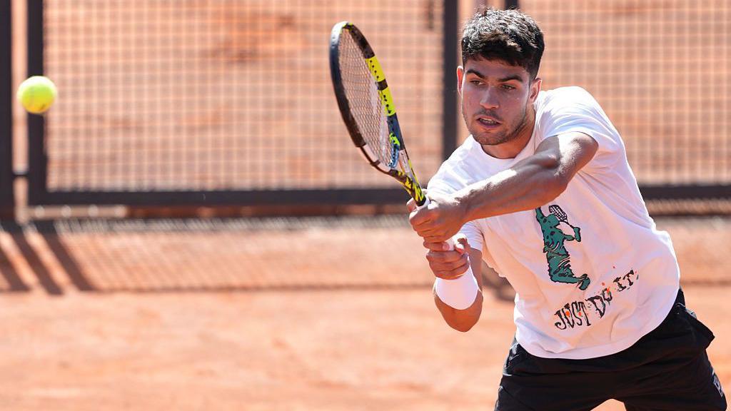 Carlos Alcaraz practises on the Rome courts before his third-round match on Friday
