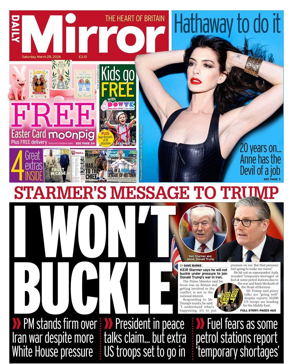 “Nuk do të dorëzohem: Mesazhi i Starmer për Trumpin”, shkruhet në titullin kryesor në faqen e parë të Daily Mirror.