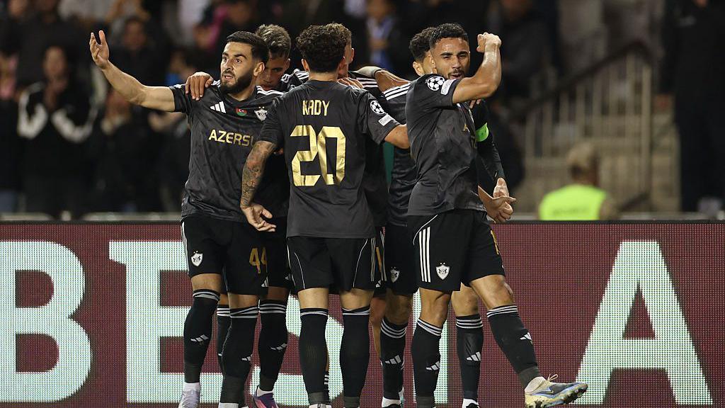 Qarabag players celebrate scoring against Copenhagen in the Champions League