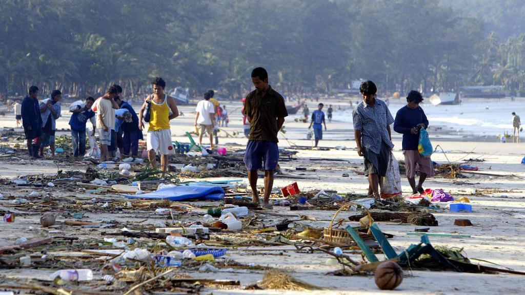 A large amount of people walking through debris along the shoreline of Pathong beach of Phuket island, southern Thailand, on 27 December 2004, a day after a tidal wave devastated the coastline. 
There are items discarded on the beach, including foliage. 