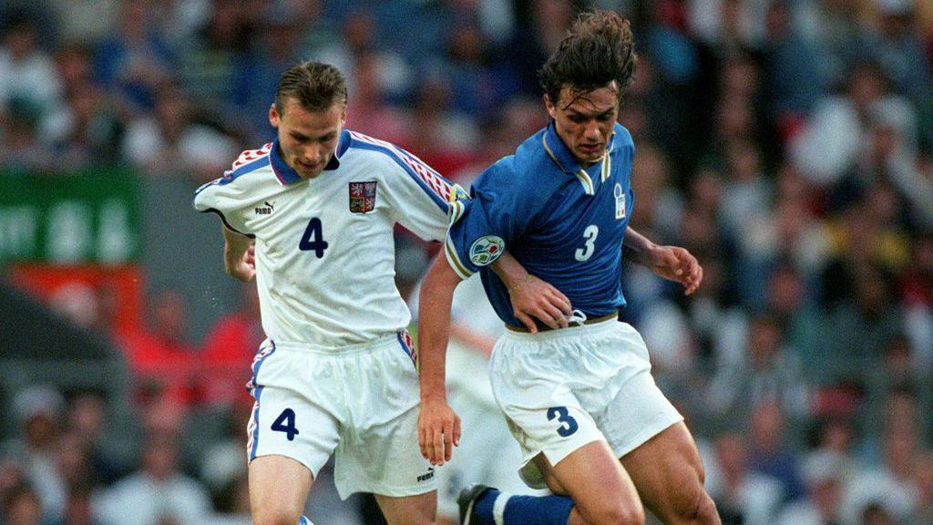 Pavel Nedved celebrates scoring the first goal for the Czech Republic against Italy