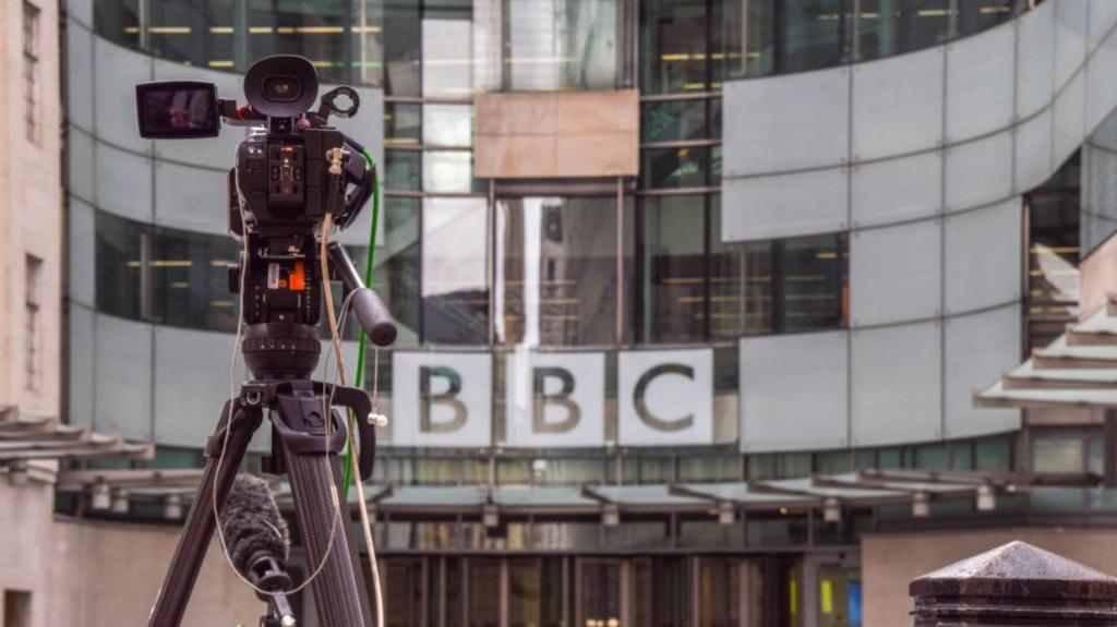 A TV camera outside Broadcasting House, the BBC headquarters in central London