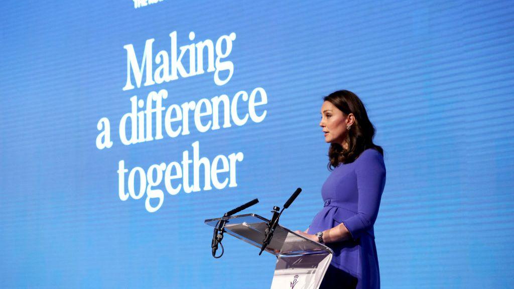 Catherine wore a blue Seraphine dress during an appearance in February 2018