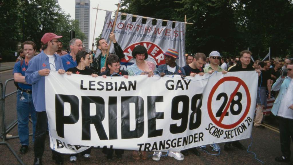 Demonstrators in a march hold a large banner saying 'Pride 98 - Scrap Section 28'