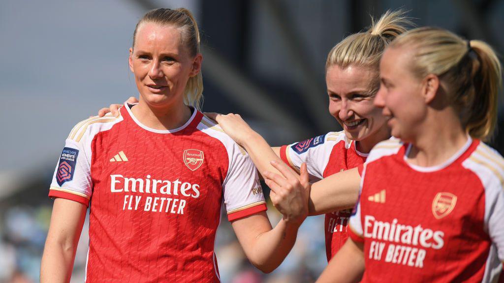 Stina Blackstenius, Leah Williamson and Beth Mead celebrate an Arsenal goal