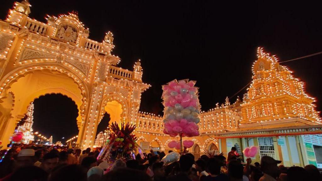 Thousands of electric bulbs add to the Stunning Lighting at Mysore Palace on the Occasion of Festival of Dusshera as seen on October 2, 2022.