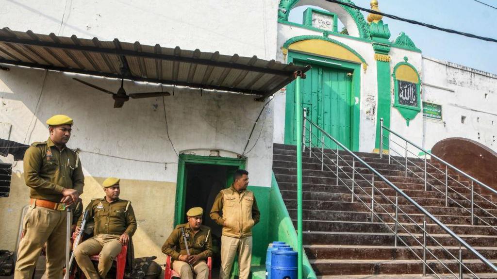 State police personnel are deployed outside the Shahi Jama Masjid following religious violence in Sambhal on November 25, 2024. 