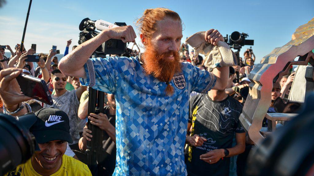 Russ Cook at the finish line in Tunisia