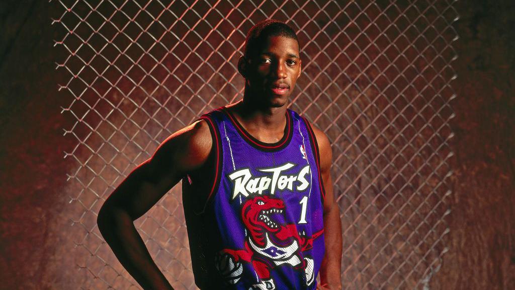 Tracy McGrady #1 of the Toronto Raptors poses for a portrait during the 1997 NBA Rookie Photo Shoot on September of 1997 at the YMCA of Leesburg in Leesburg, Virginia. 