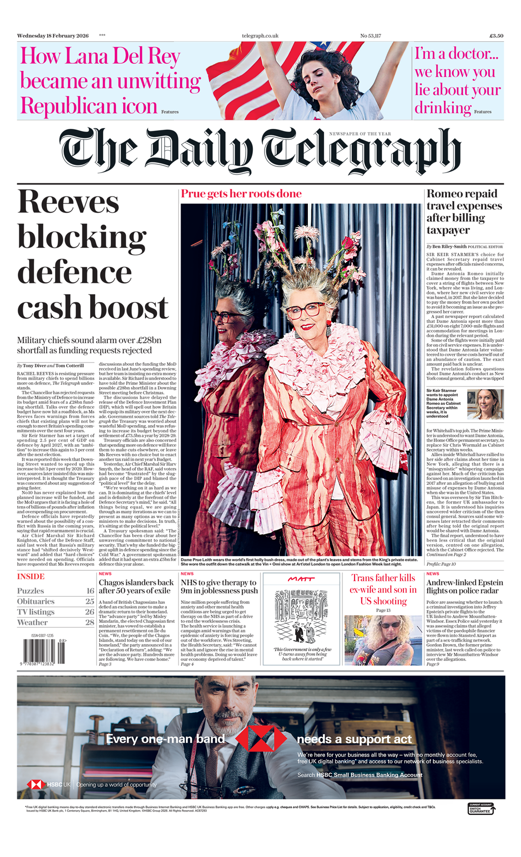 The front page of the Daily Telegraph reads: "Reeves blocking defence cash boost."
