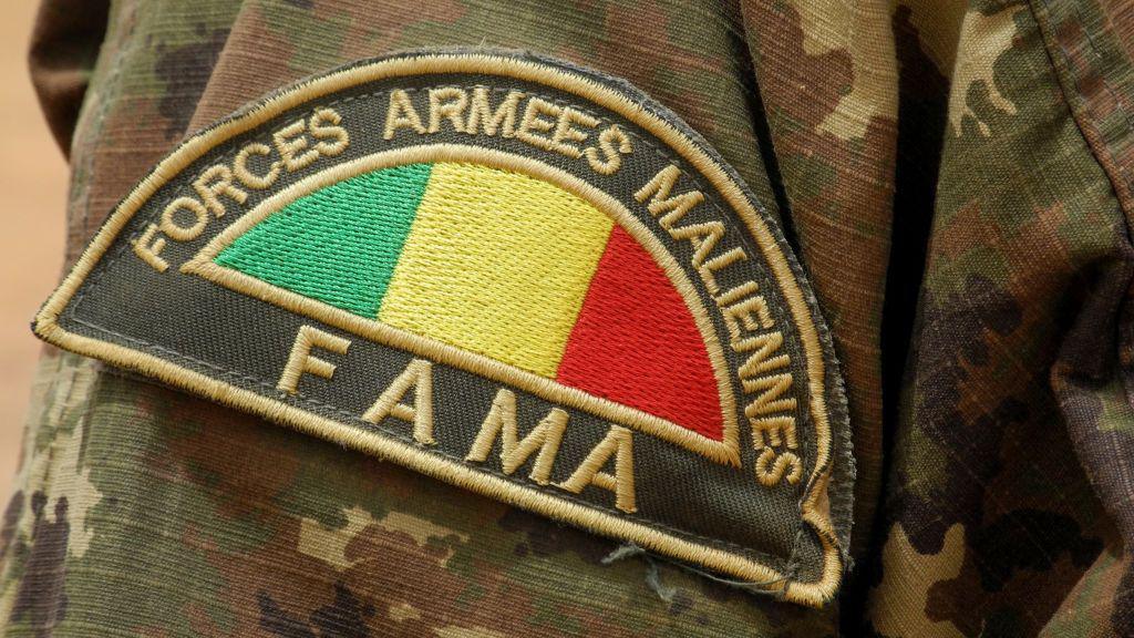 A badge of a member of the Malian Army (Fama) seen close up.