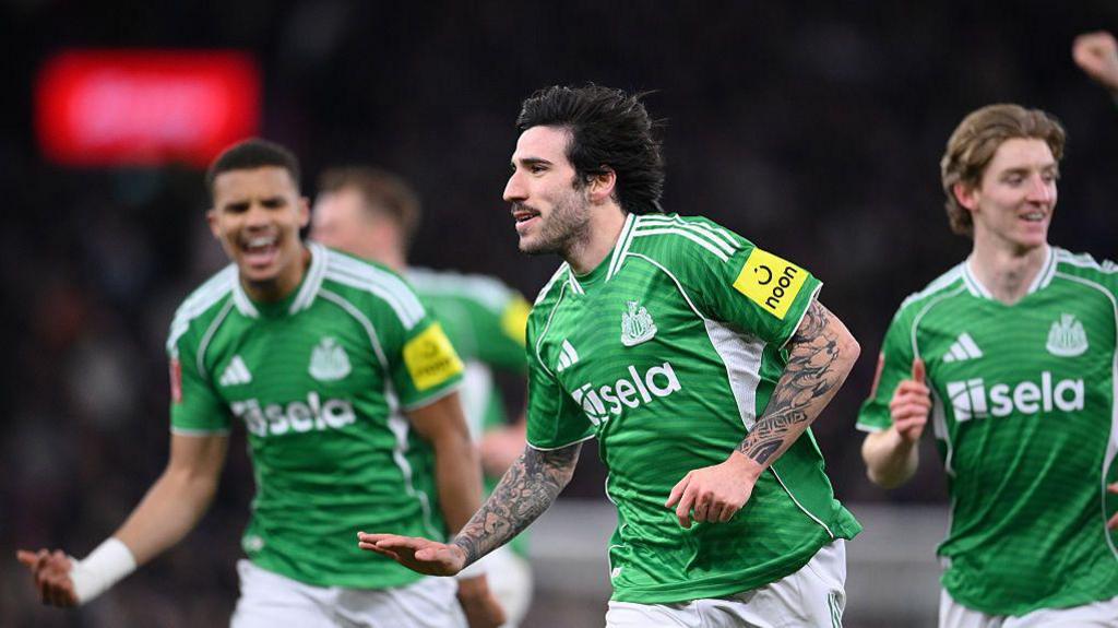 Sandro Tonali celebrates after scoring for Newcastle United against Aston Villa in the FA Cup fourth-round tie at Villa Park on 14 February, 2026