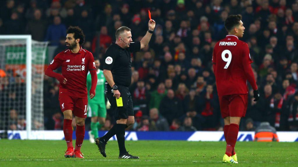 Referee Jon Moss sending Milner off in 2019.