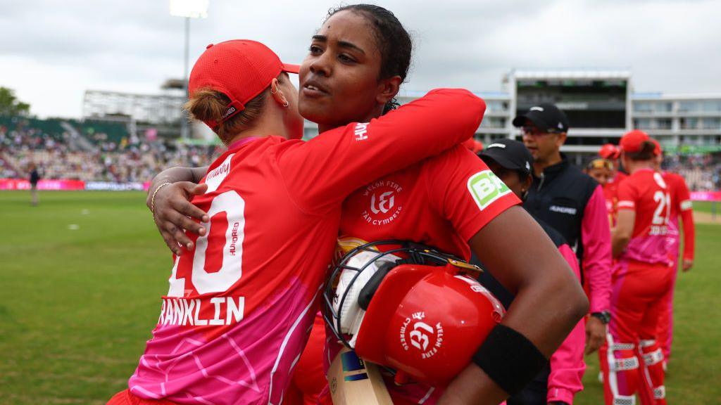 Hayley Matthews of Welsh Fire celebrates with teammates following their Hundred match at Southern Brave