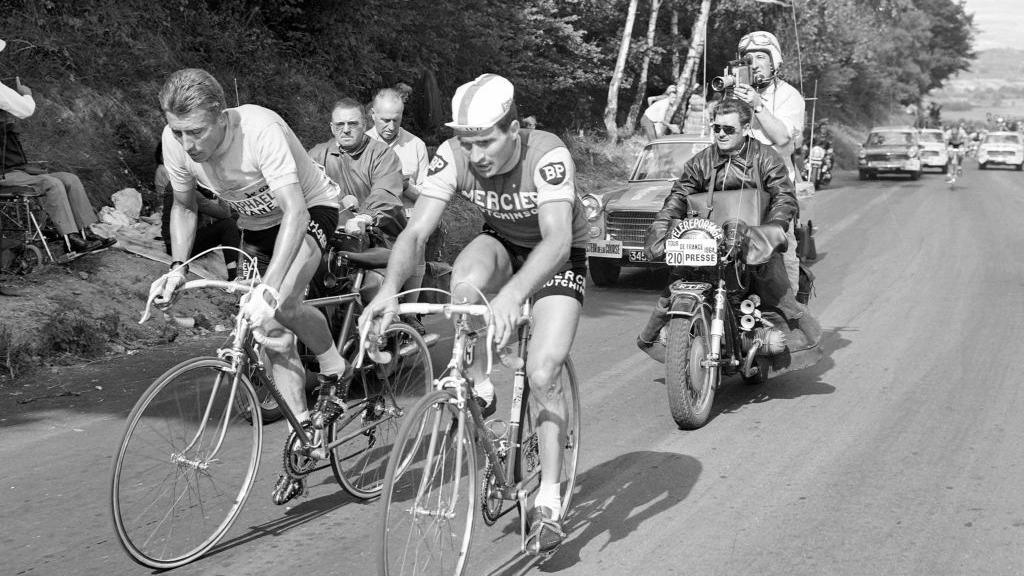 Jacques Anquetil (on the left) and Raymond Poulidor, French racing cyclists, 1964 Tour de France.