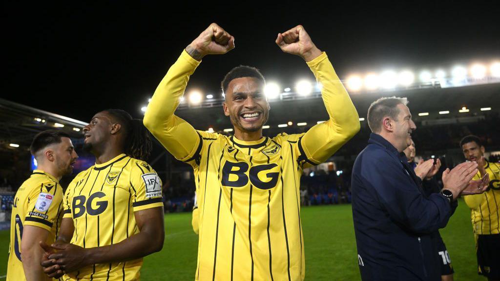 Josh Murphy of Oxford United celebrates after reaching the League One Play-Off Final after victory over Peterborough United 