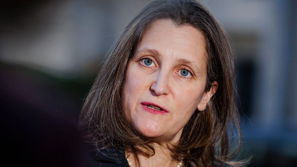 Chrystia Freeland, Canada's deputy prime minister and finance minister, speaks to the media on March 09, 2022 in Berlin, Germany.