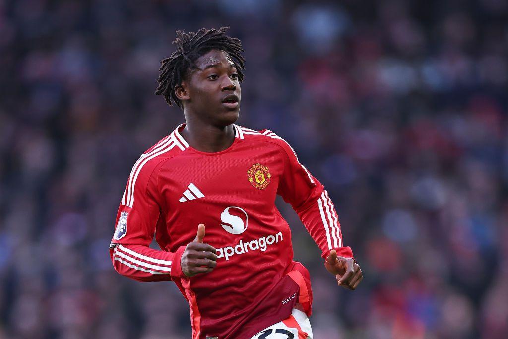 Kobbie Mainoo plays for Manchester United against Bournemouth in the Premier League at Old Trafford