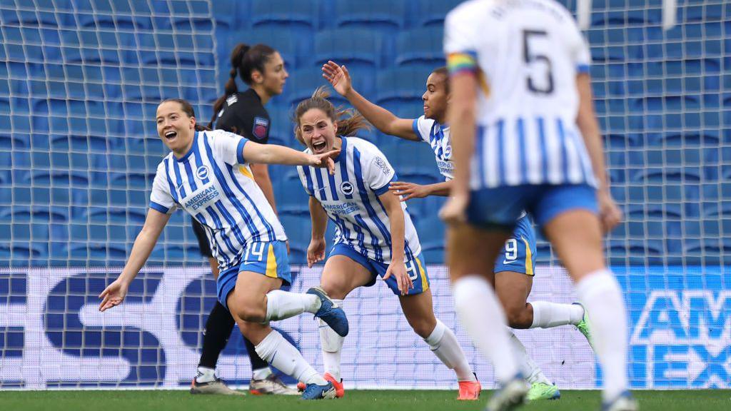 Fran Kirby celebrates scoring for Brighton against West Ham in the Women's Super League