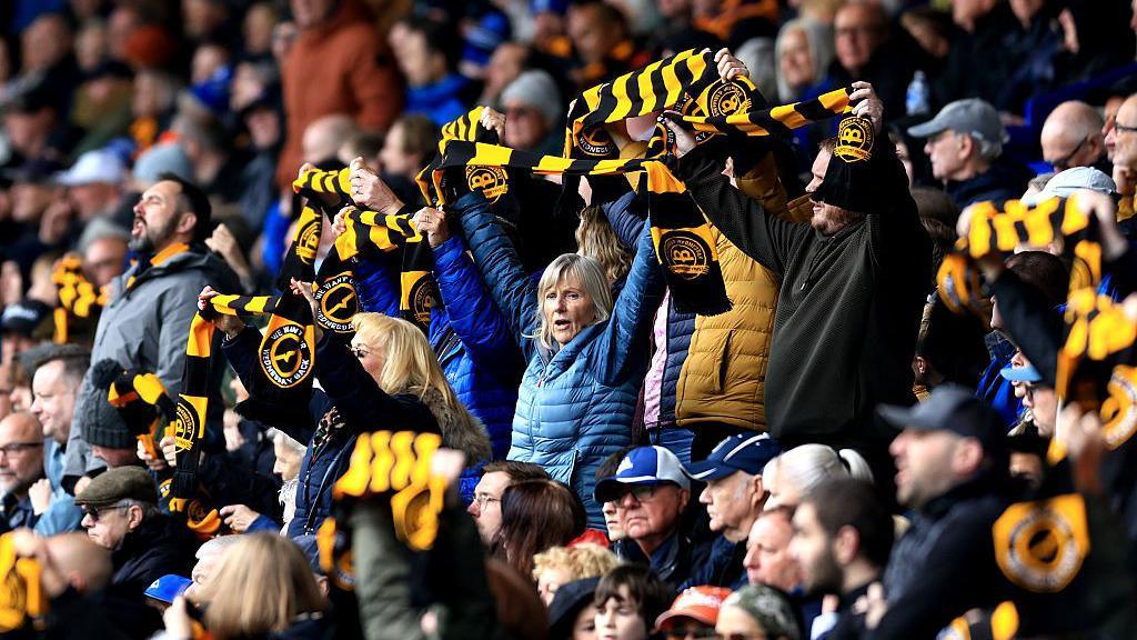 Sheffield Wednesday fans raise black and gold scarves to protest against the club's owner