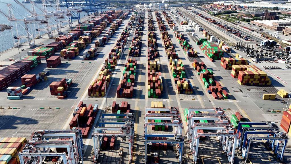 An aerial view of the Dundalk Marine Terminal in Baltimore, Maryland