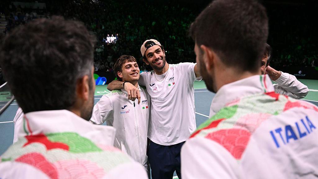 Flavio Cobolli and Matteo Berrettini celebrate at the Davis Cup Finals