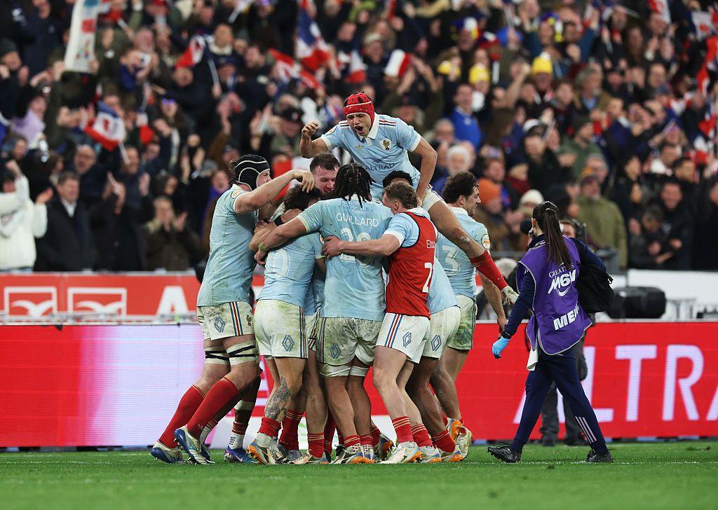 France celebrating after the penalty kick which helped them win the Six Nations.