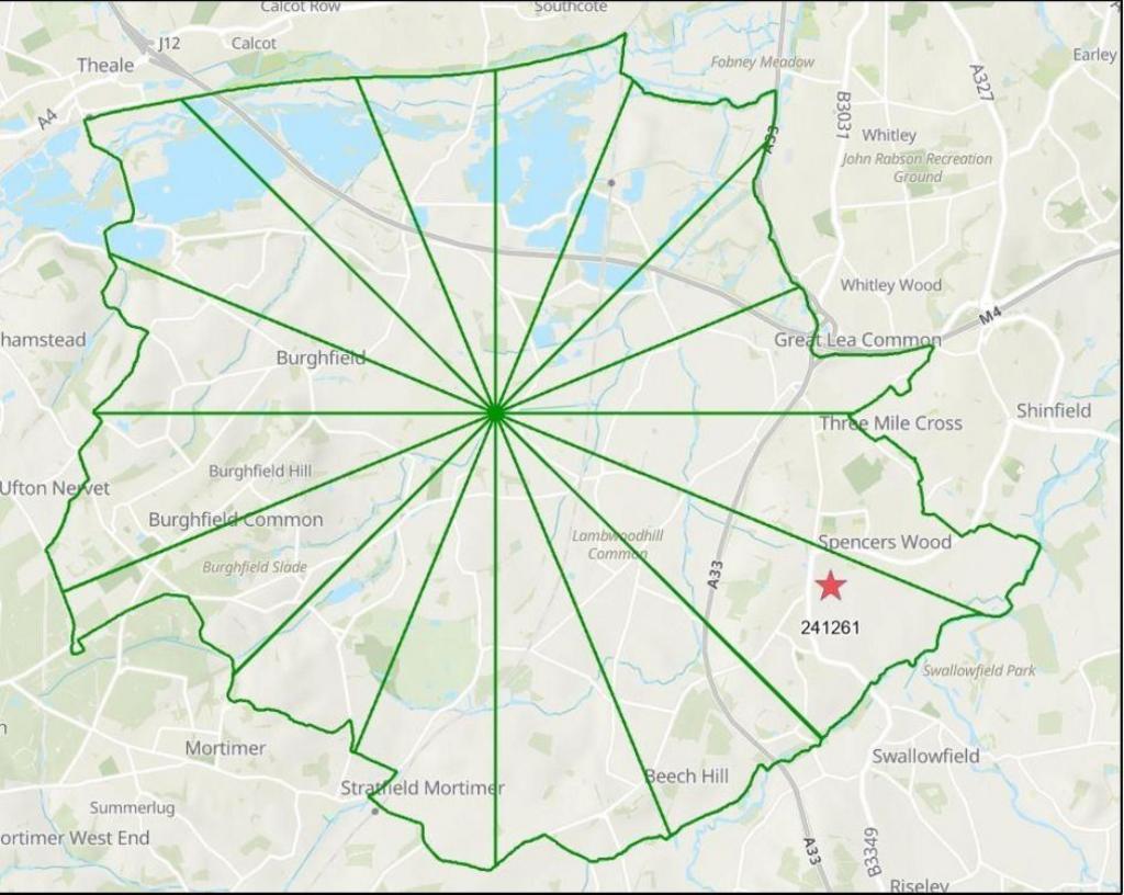 Map with green lines showing the boundaries of the Detailed Emergency Planning Zone for the AWE facility at Burghfield. The proposed site for the development at Spencers Wood is marked with a red star.