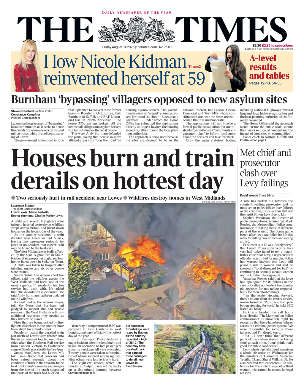 The headline on the front page of the Times reads: "Houses burn and train derails on hottest day."