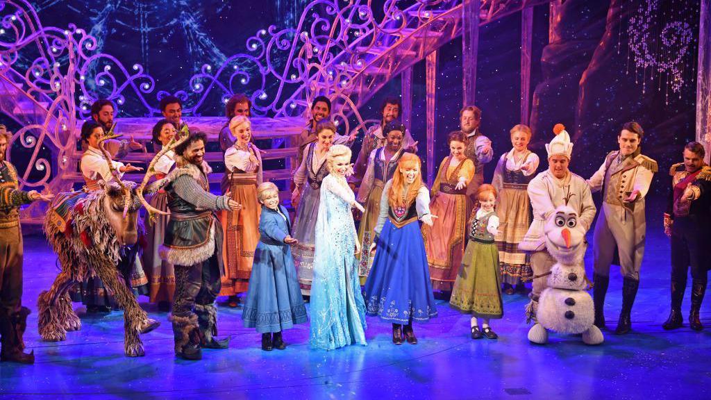 The cast of Frozen during the curtain call during the press night performance of "Frozen: The Musical" at the Theatre Royal Drury Lane on September 8, 2021 in London