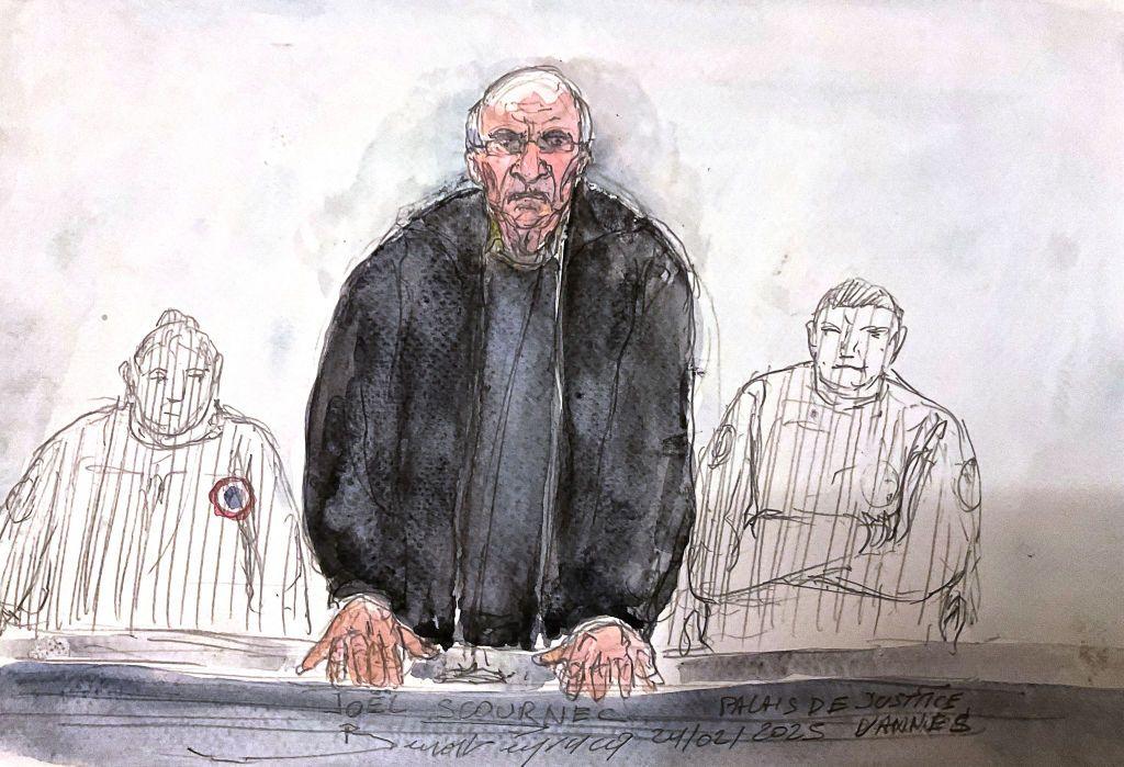 This court sketch created on February 24, 2025 shows retired surgeon Joel Le Scouarnec speaking during a hearing on the opening day of his trial 