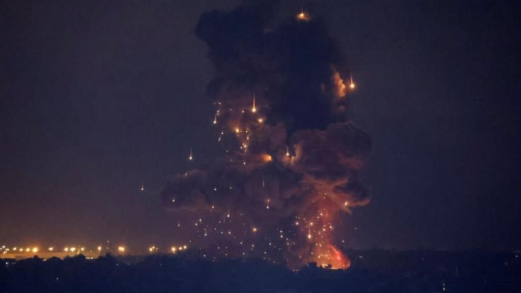 Smoke and flames rise in Beirut's southern suburbs, after Israeli air strikes, amid ongoing hostilities between Hezbollah and Israeli forces, as seen from Sin El Fil, Lebanon, October 6, 2024.