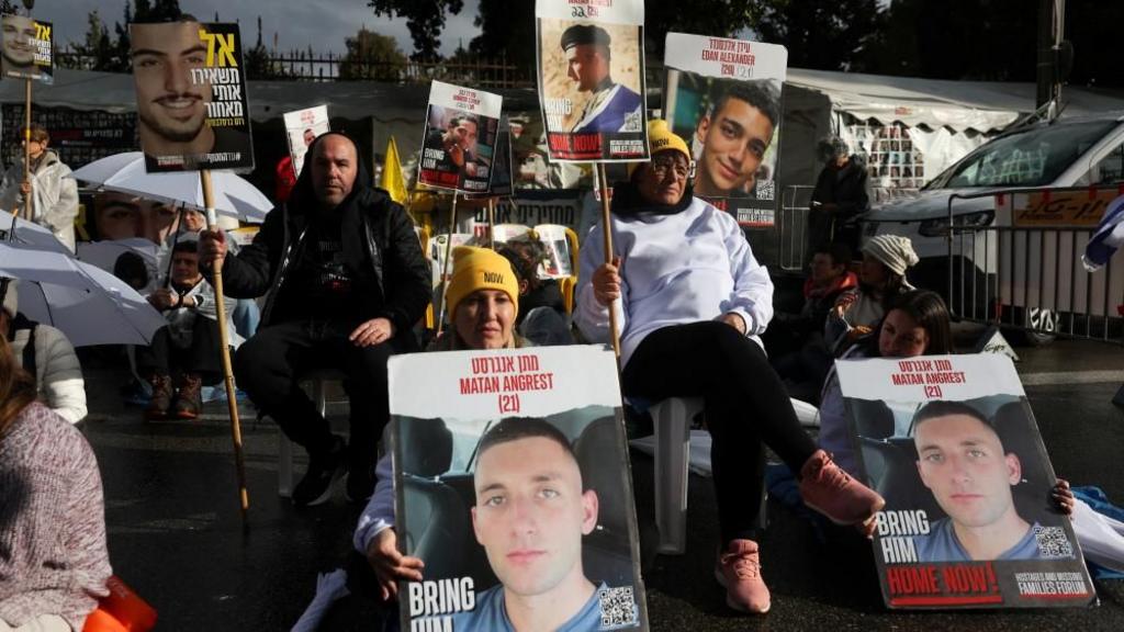 Families and supporters attend a demonstration calling for the immediate return of hostages held in Gaza