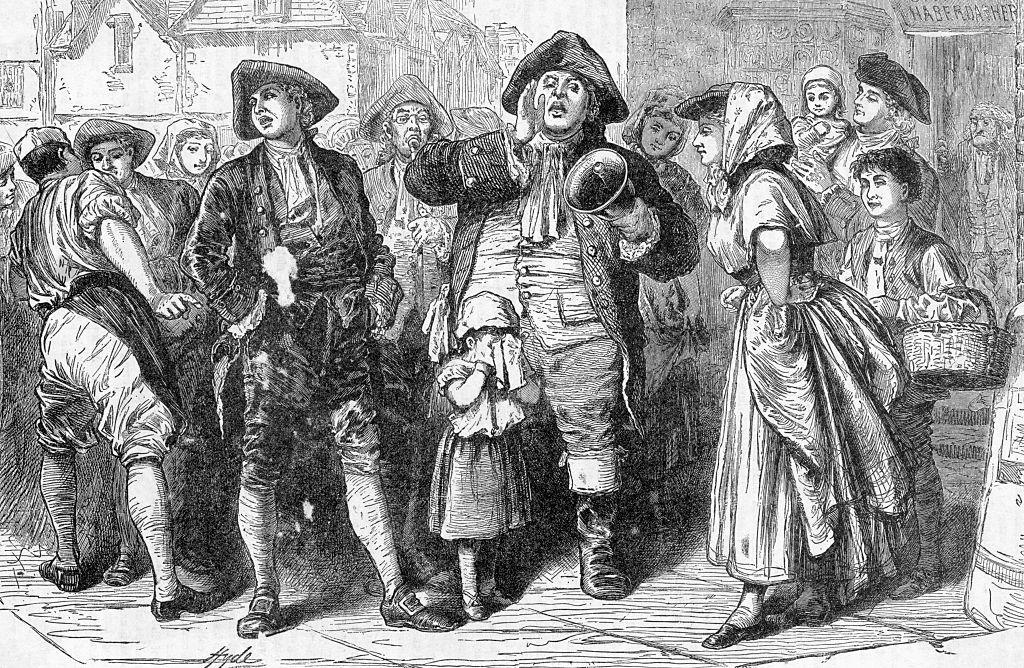 Drawing of a traditional town crier surrounded by townspeople