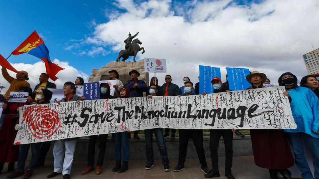 Mongolians protest against China's plan to introduce Mandarin-only classes at schools in the Chinese province of Inner Mongolia, at Sukhbaatar Square in Ulaanbaatar, the capital of Mongolia on September 15, 2020.