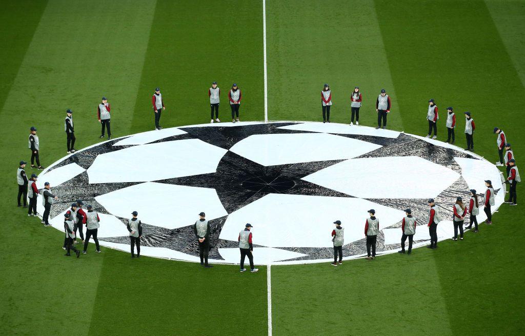 The Uefa Champions League logo sits in the centre circle ahead of a match