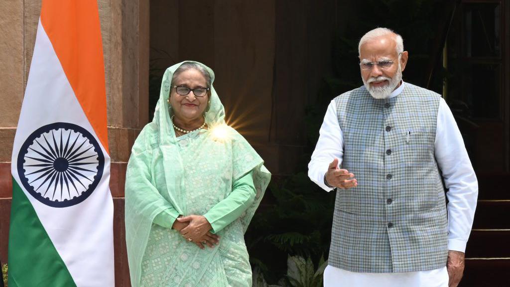 Prime Minister Narendra Modi and Bangladesh's Prime Minister Sheikh Hasina before their meeting at Hyderabad house, on June 22, 2024 in New Delhi, India.

Sheikh Hasina fled Bangladesh during the public uprising and is currently in India 