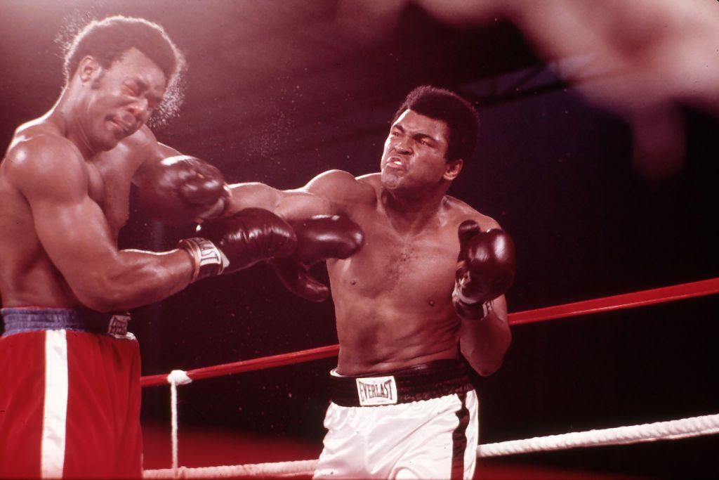 George Foreman (left) and Muhammad Ali boxing at Zaire Stade in the Rumble in the Jungle, 30 October 1974.