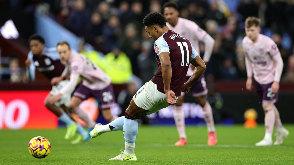 Ollie Watkins scores a penalty for Aston Villa against Brentford in the Premier League