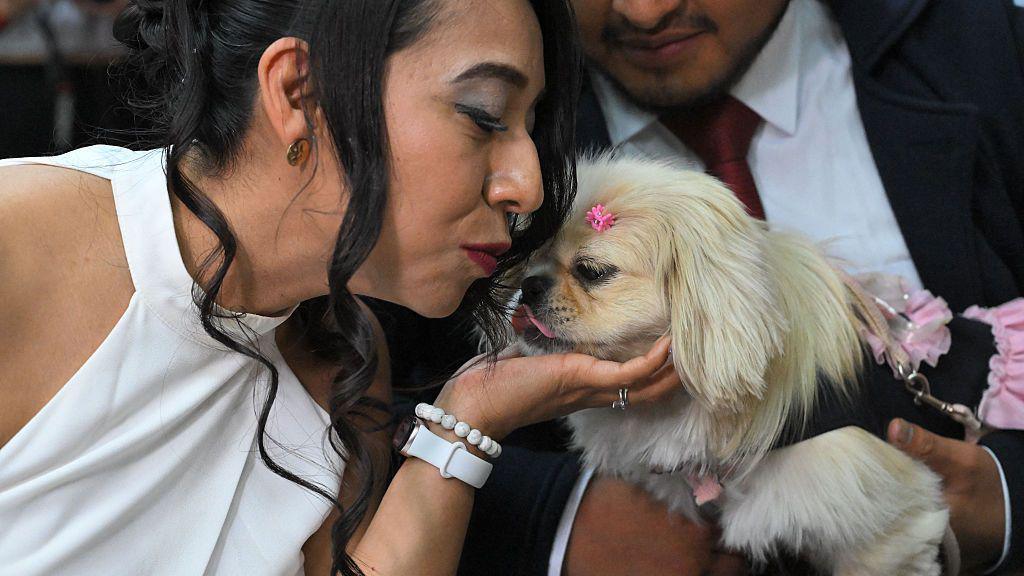 Diana Tupiza moves to kiss her pet dog Luna.