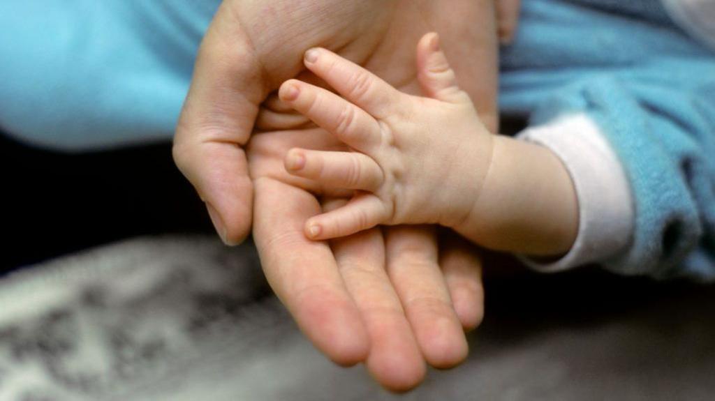 A picture of a baby's hand in an adults hand 